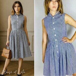 90s Vintage Blue & White Striped Dress – Classic Coastal Feminine Wedding Guest